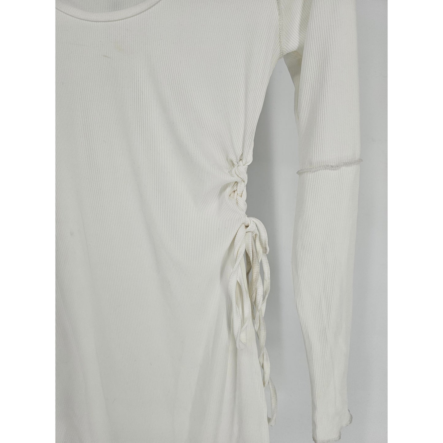 Shein Womens Sz S Long Sleeve Above Knee Dress White Ribbed Tie Side