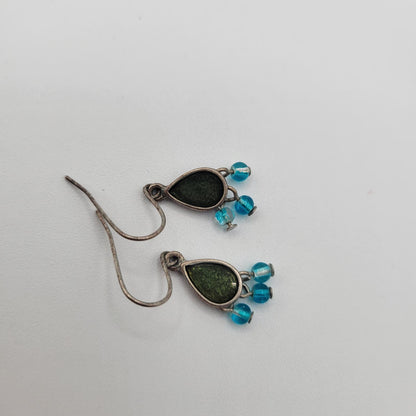 Vintage Y2K French Hook Earrings Green Inlay Stone Blue Beads