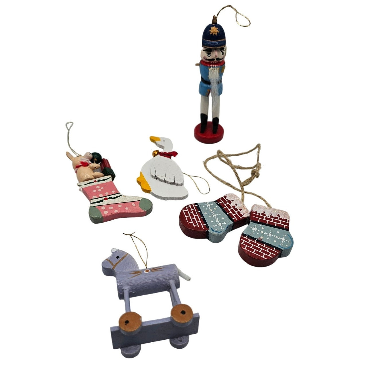 Lot of 5 Vintage Hand Painted Wooden Christas Ornaments Nutcracker Horse Goose
