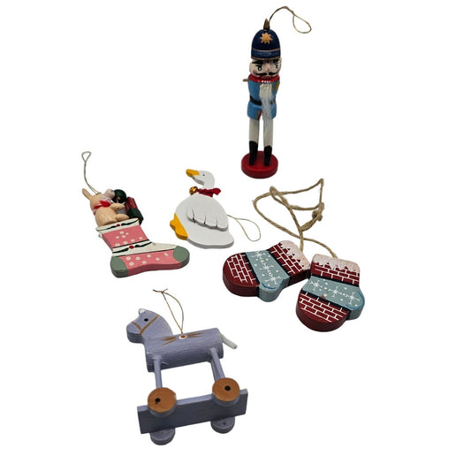 Lot of 5 Vintage Hand Painted Wooden Christas Ornaments Nutcracker Horse Goose