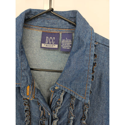 Vintage DCC Missy Womens Sz L Button Up Denim Blouse Blue Jean Western Ruffled