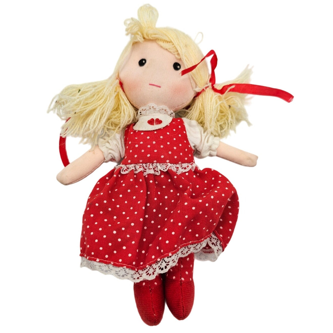 Vintage 1980s Rag Doll Yarn Hair Red Polka Dot Dress Jerry Elsner