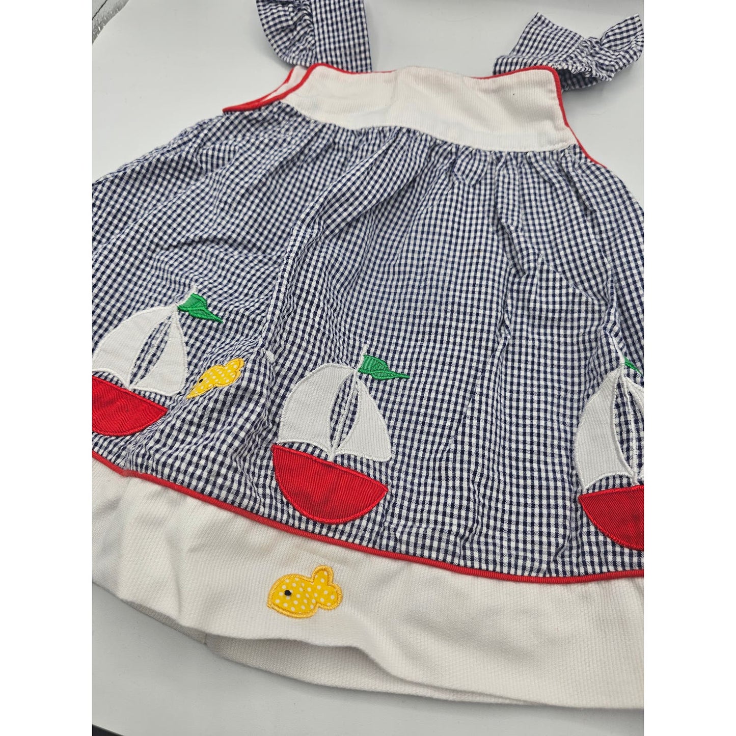 Copper Key Girls Sz 2T Knee Length Gingham Dress Sailboat Applique Vintage