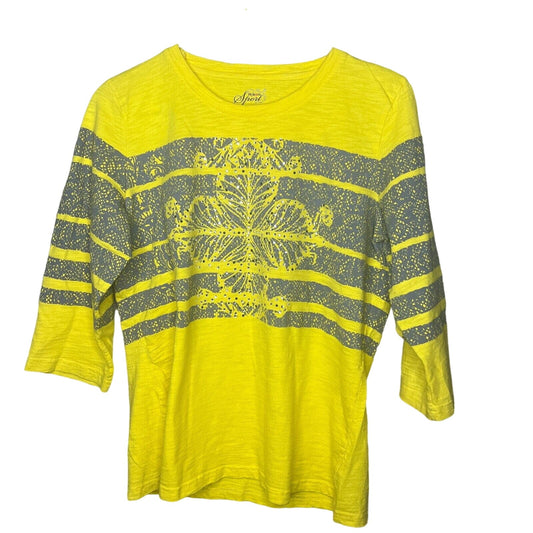 Style & Co Sport Womens Sz M 100% Cotton 3/4 Sleeve T Shirt Yellow Gray Studded