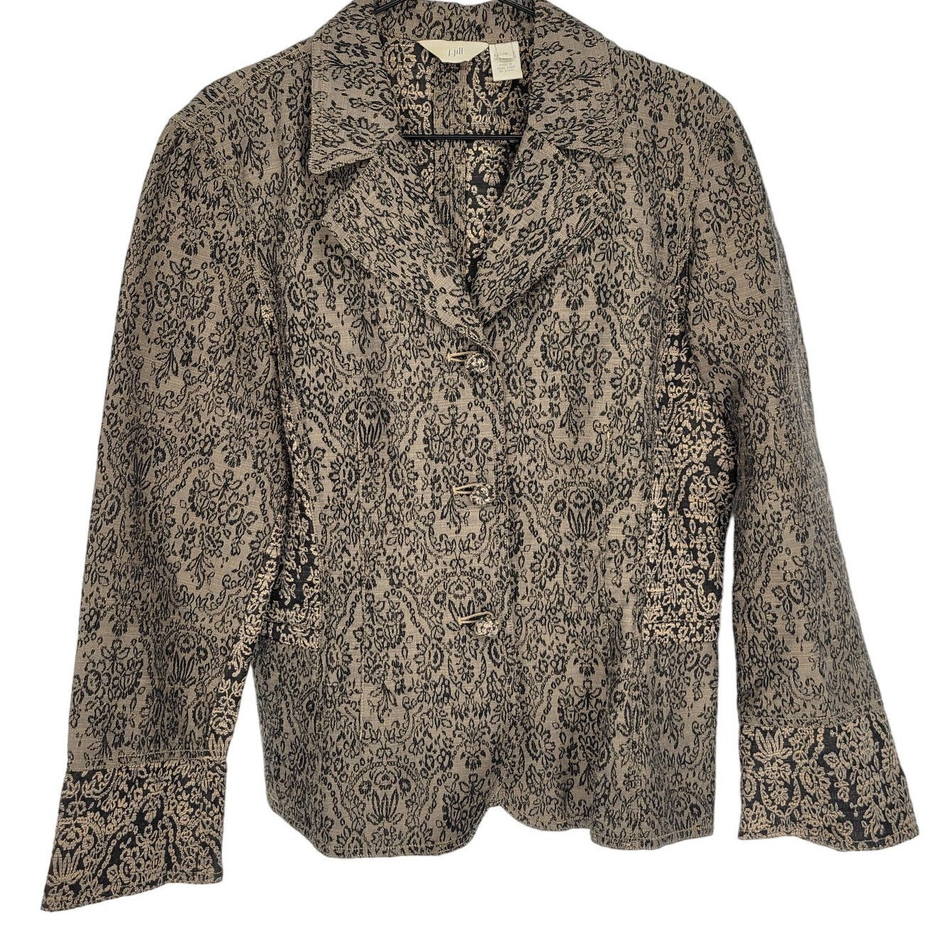 J Jill Womens Sz 12 Tapestry Style Formal Jacket Beige Black Floral Button Up