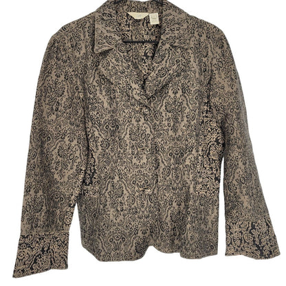 J Jill Womens Sz 12 Tapestry Style Formal Jacket Beige Black Floral Button Up