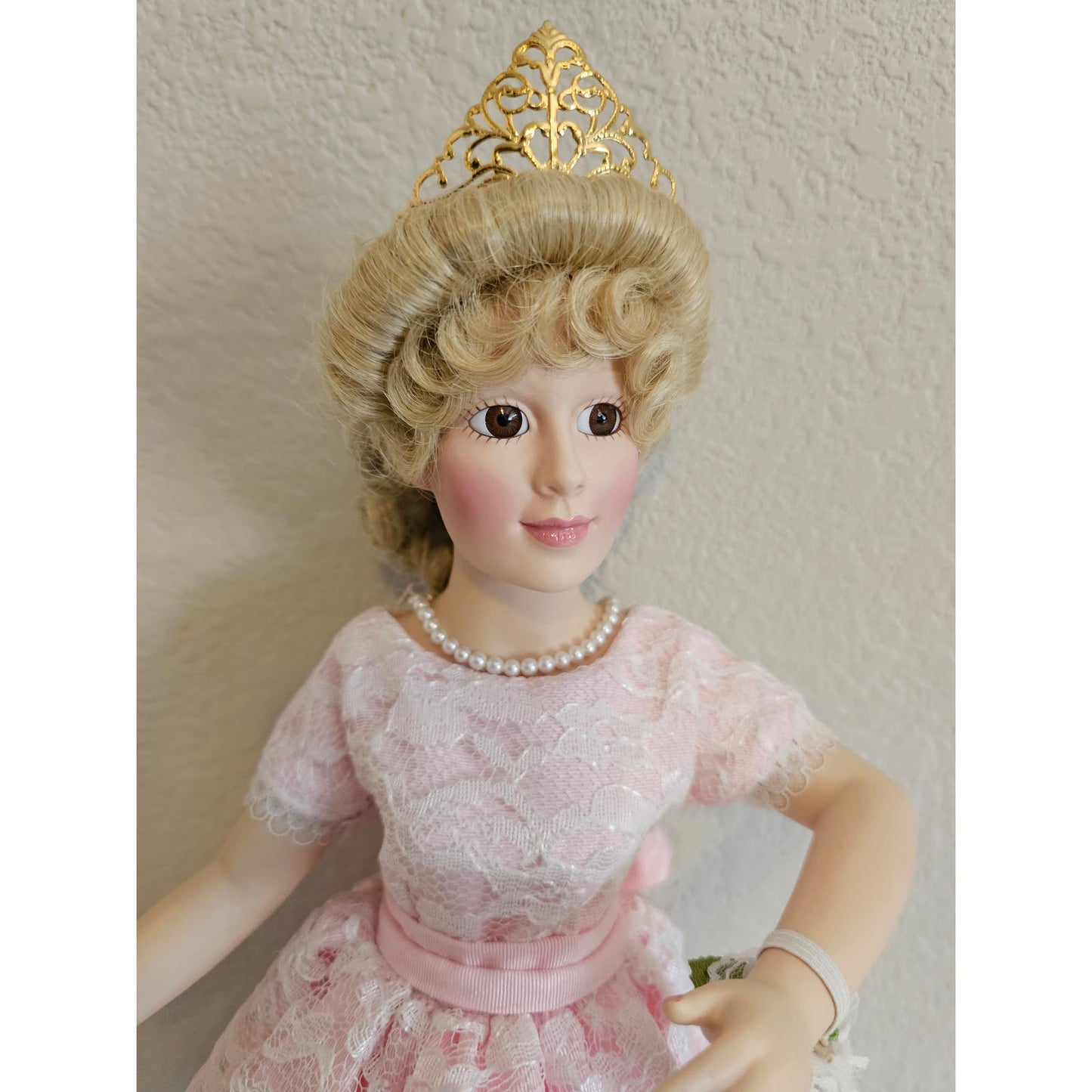 Vintage 1990s Porcelain Doll Blonde Hair Ballerina Light Pink Dress