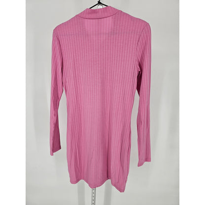 Shein Womens Sz L Long Sleeve Mini Dress Bubblegum Pink Barbiecore Ribbed
