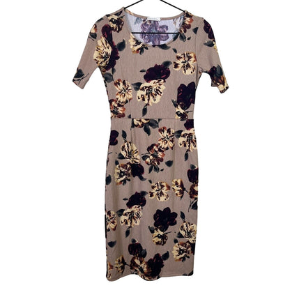 Stevie & Co Womens Sz S Career Pencil Dress Beige Floral Short Sleeve