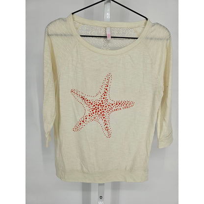 MV Sport Womens Sz M 3/4 Sleeve Ivory T Shirt Starfish Print Nautical