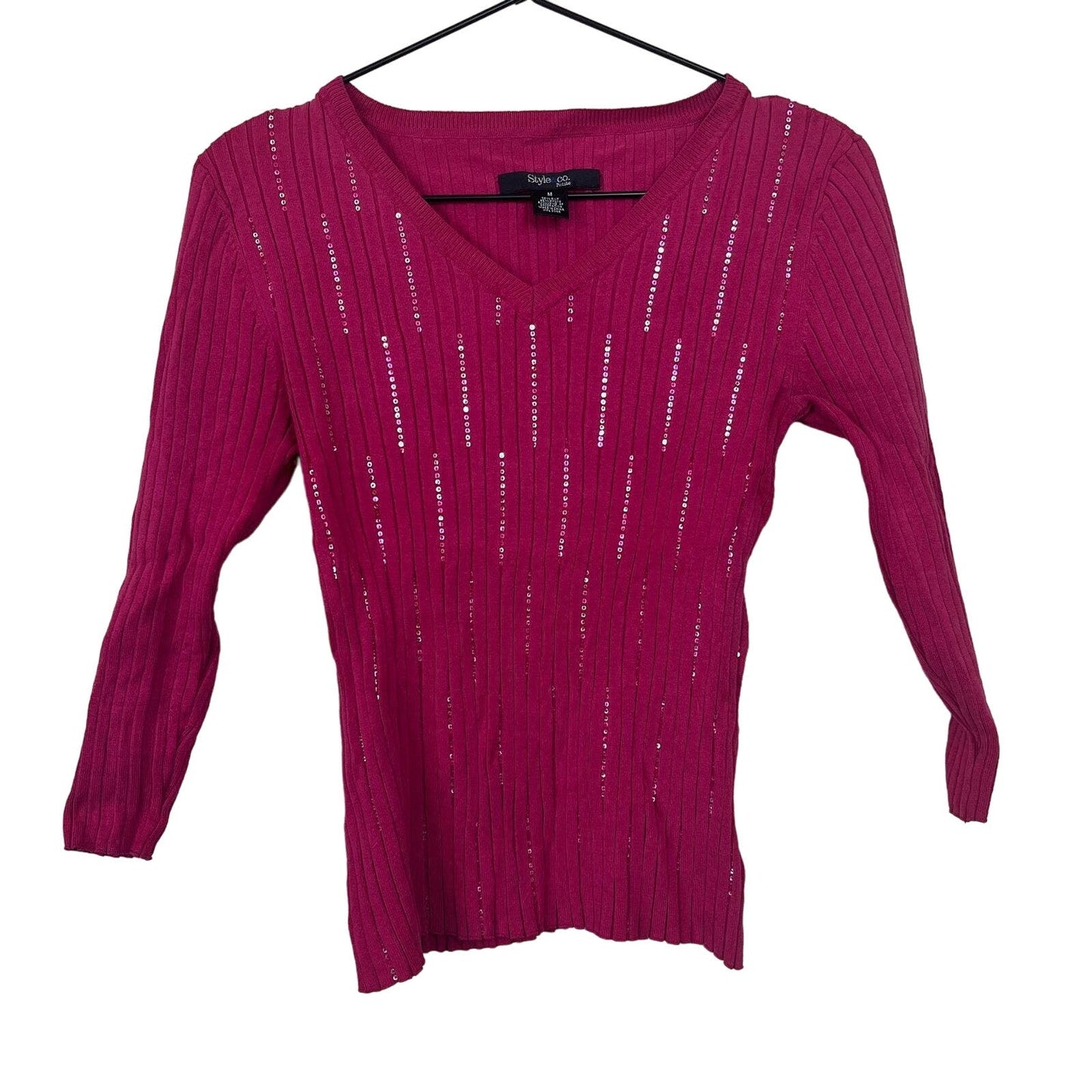 Style & Co Womens Petite PM Silk Blend Pink Sweater V Neck Sequins