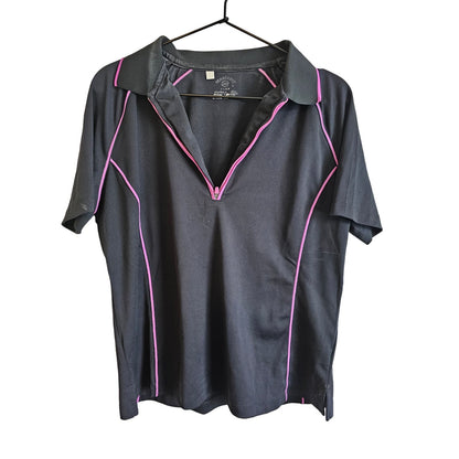 Monterey Club Womens Sz L Short Sleeve Athletic Polo Shirt Black Pink Zip Front