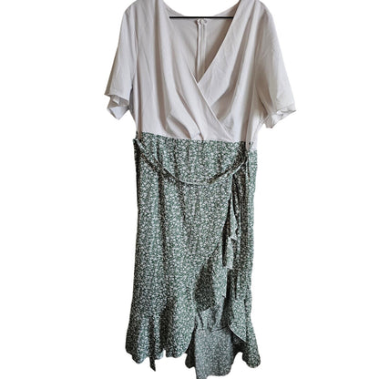 Shein Womens Sz XXL High Low Hem Tie Waist Dress White Green Floral