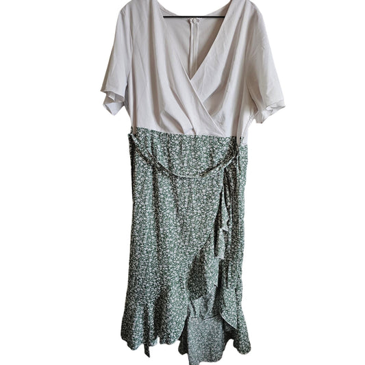 Shein Womens Sz XXL High Low Hem Tie Waist Dress White Green Floral