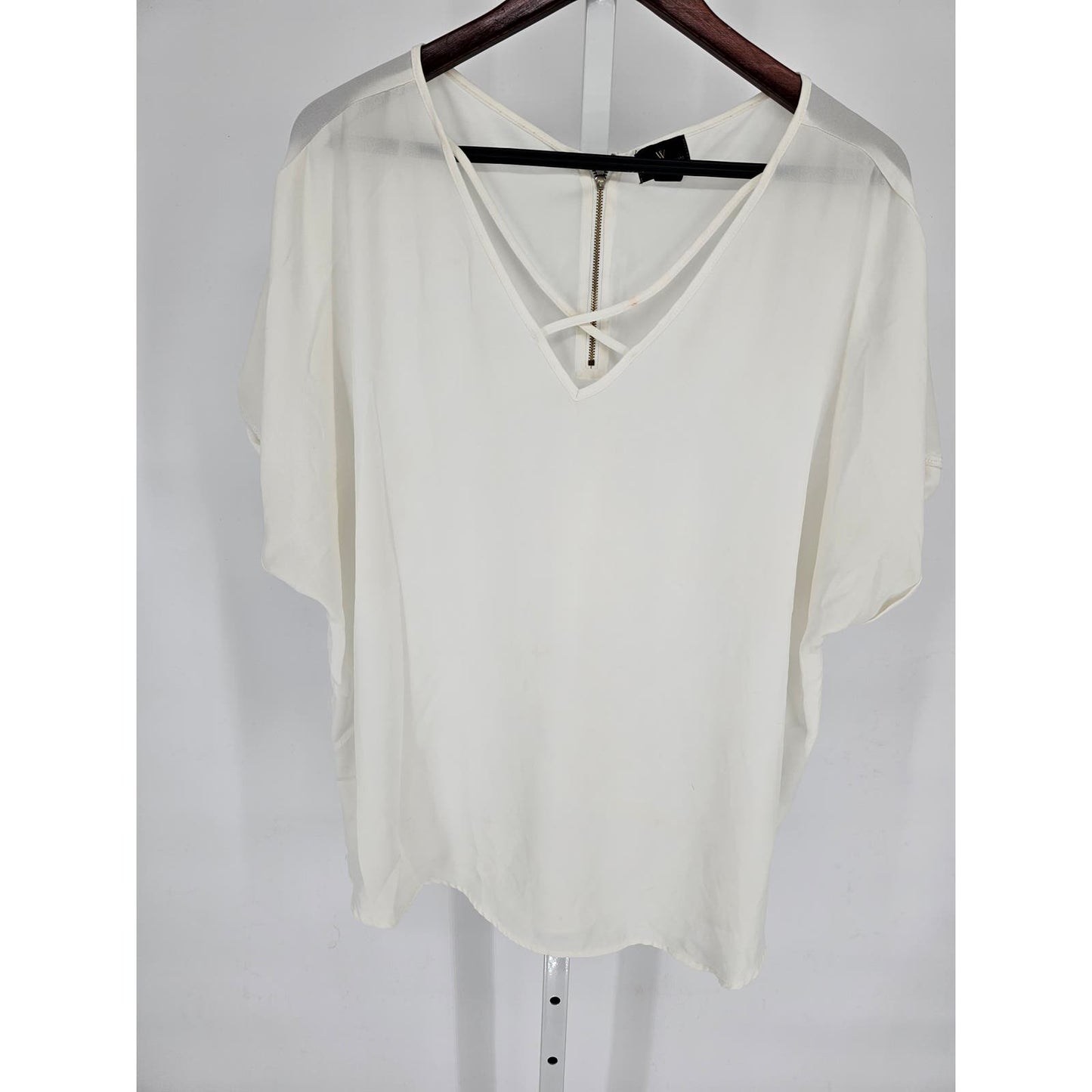 Worthington Womens Sz XL Short Sleeve Flowy V Neck Blouse Cream Semi Sheer