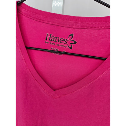 Hanes Womens Sz S Long Sleeve V Neck T Shirt Bright Pink