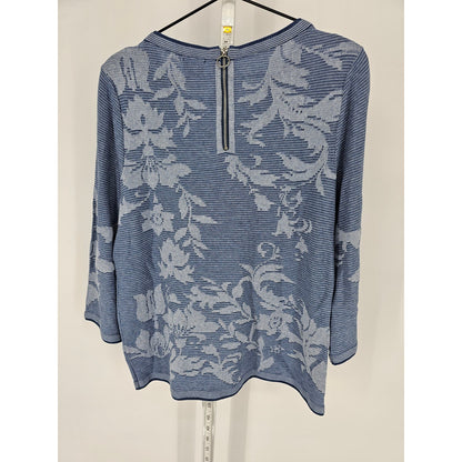 Chicos Womens Sz 1 (L) Long Sleeve Knit Top Light Blue Floral Zip Back