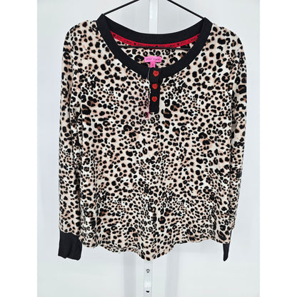 Betsey Johnson Womens Sz M Leopard Print Fuzzy Long Sleeve Pajama Top NEW