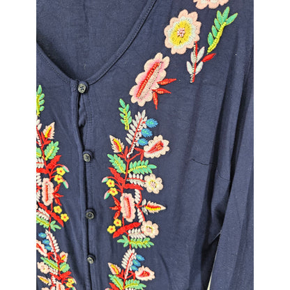 Boston Proper Womens Sz S V Neck Cardigan Sweater Navy Blue Embroidered Floral