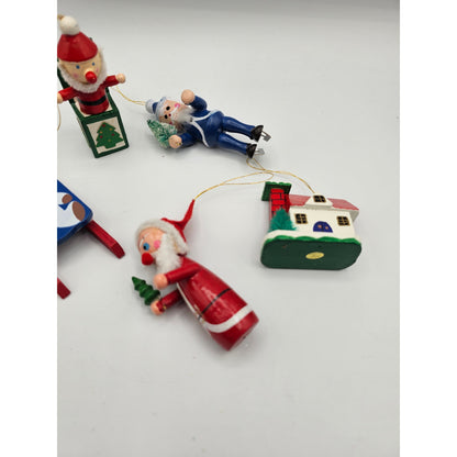Lot of 5 Vintage Hand Painted Wooden Christas Ornaments Santa Jack in the Box