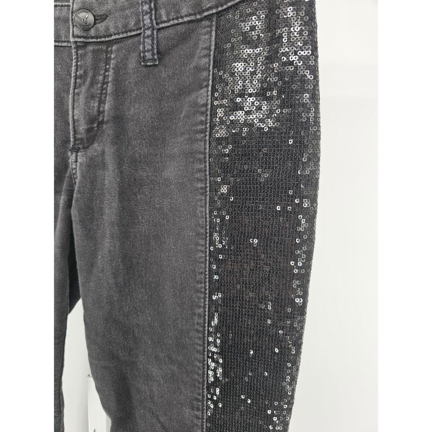 Bebe Jeans Womens Sz 27 (4) Super Skinny Mid Rise Jeans Black w/ Sequin Sides