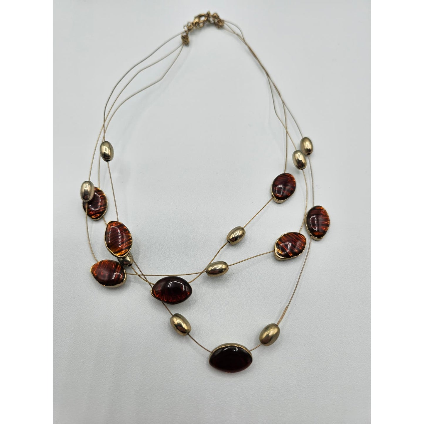 Vintage Amber Glass Inlay Multi Strand Necklace Gold Wire 1990s Statement