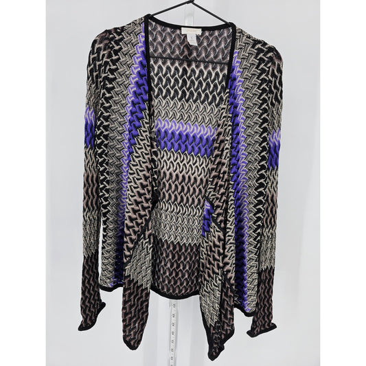 Chicos Womens Sz 1 (L) Open Front Knit Cardigan Sweater Black Purple Chevron