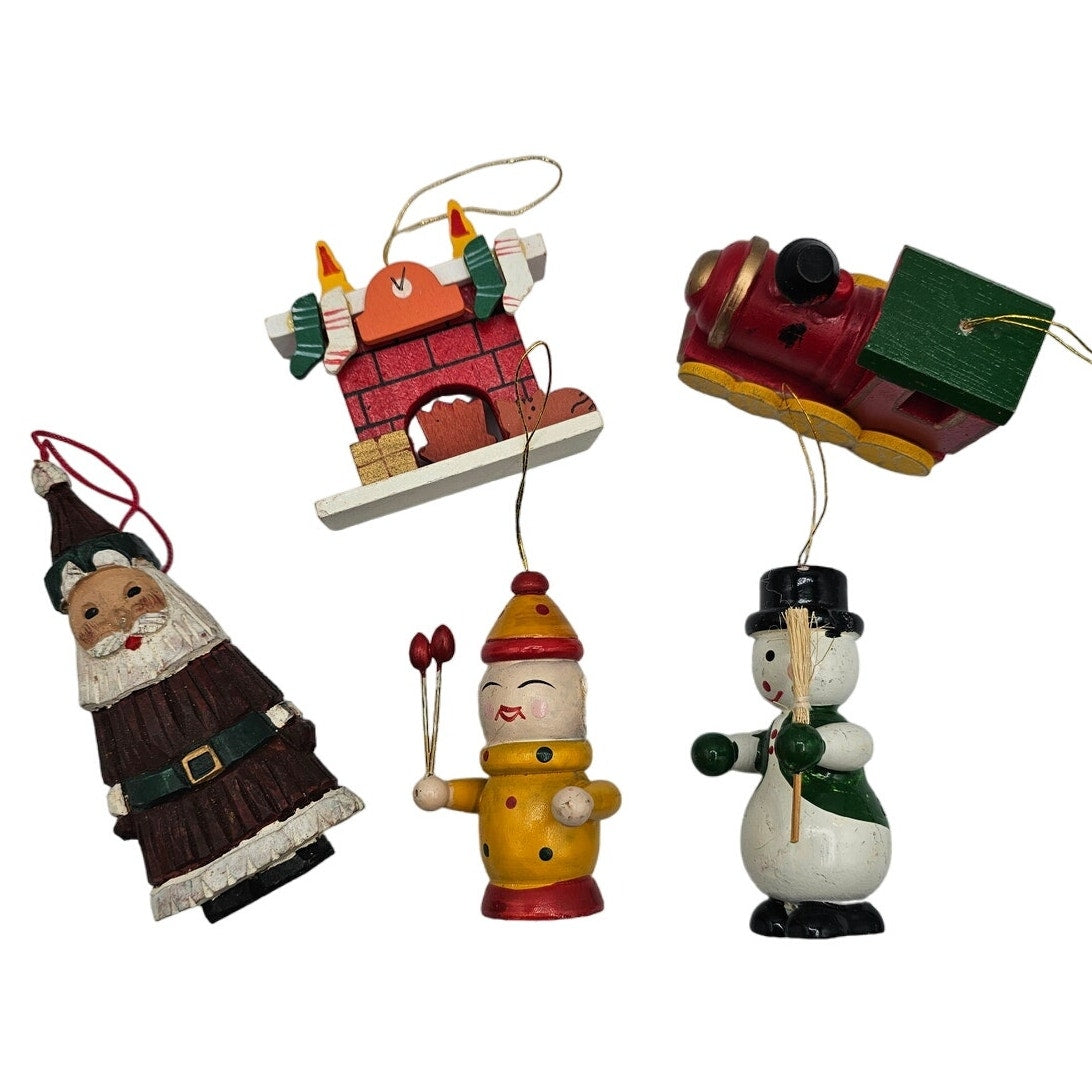 Lot of 5 Vintage Hand Painted Wooden Christas Ornaments  Santa Train Snowman