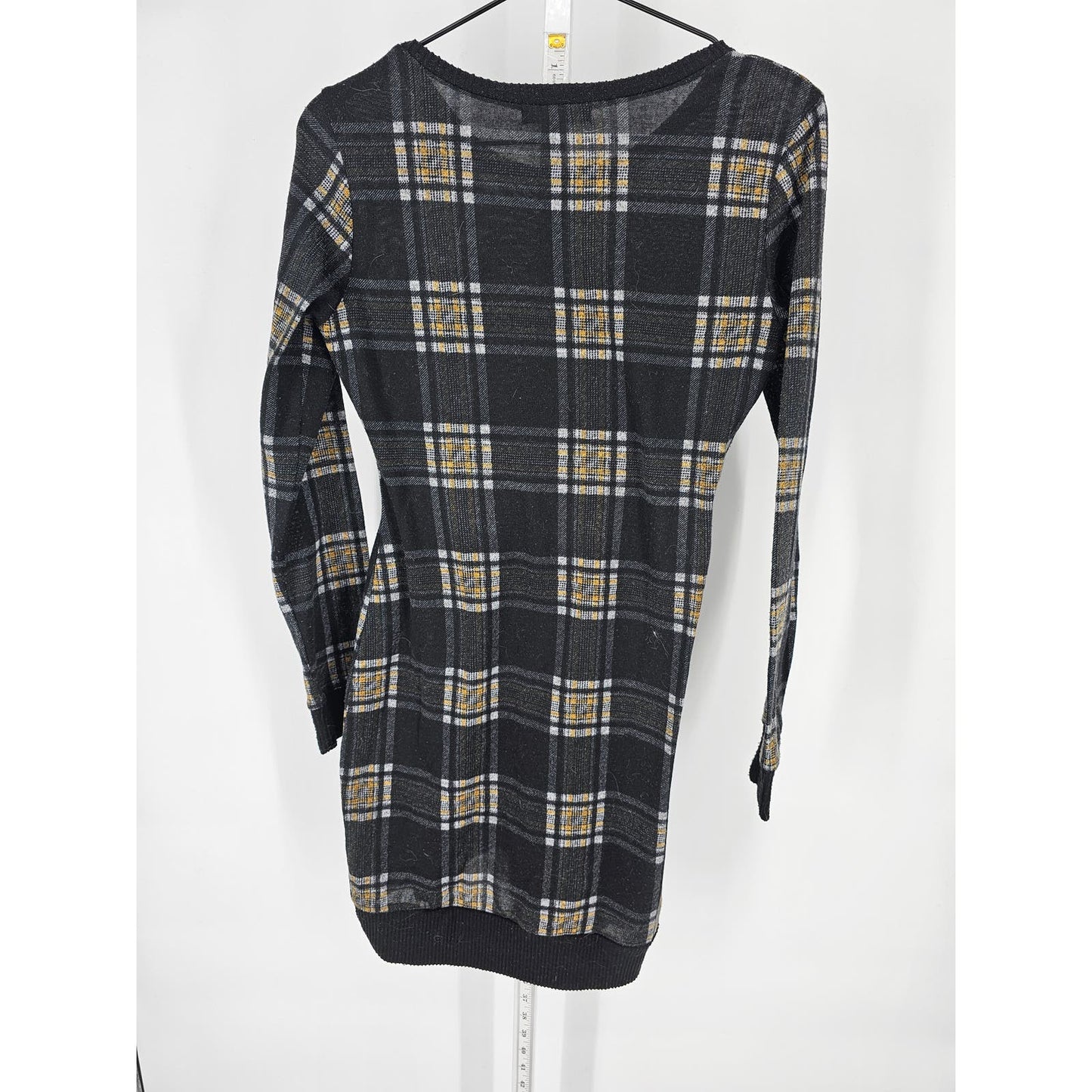 Almost Famous Womens M Knee Length Long Sleeve Fitted Dress Black Yellow Plaid