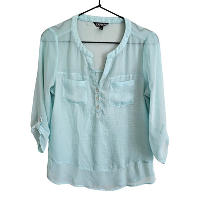 Express Womens Sz XS Popover Lightweight Blouse Light Blue Long Sleeve