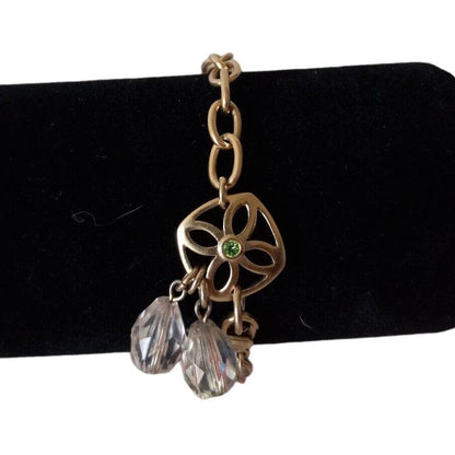 Vintage Y2K Gold Tone Chain Link Bracelet w/ Clear Rhinestone Charms Green Stone