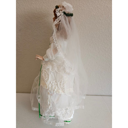 Vintage 1990s Porcelain Doll Irish Wedding Bride Doll White Green Dress