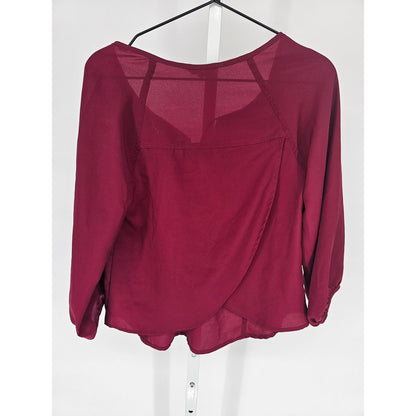 American Eagle Womens Sz S Long Sleeve Cropped Slouchy Blouse Burgundy Red