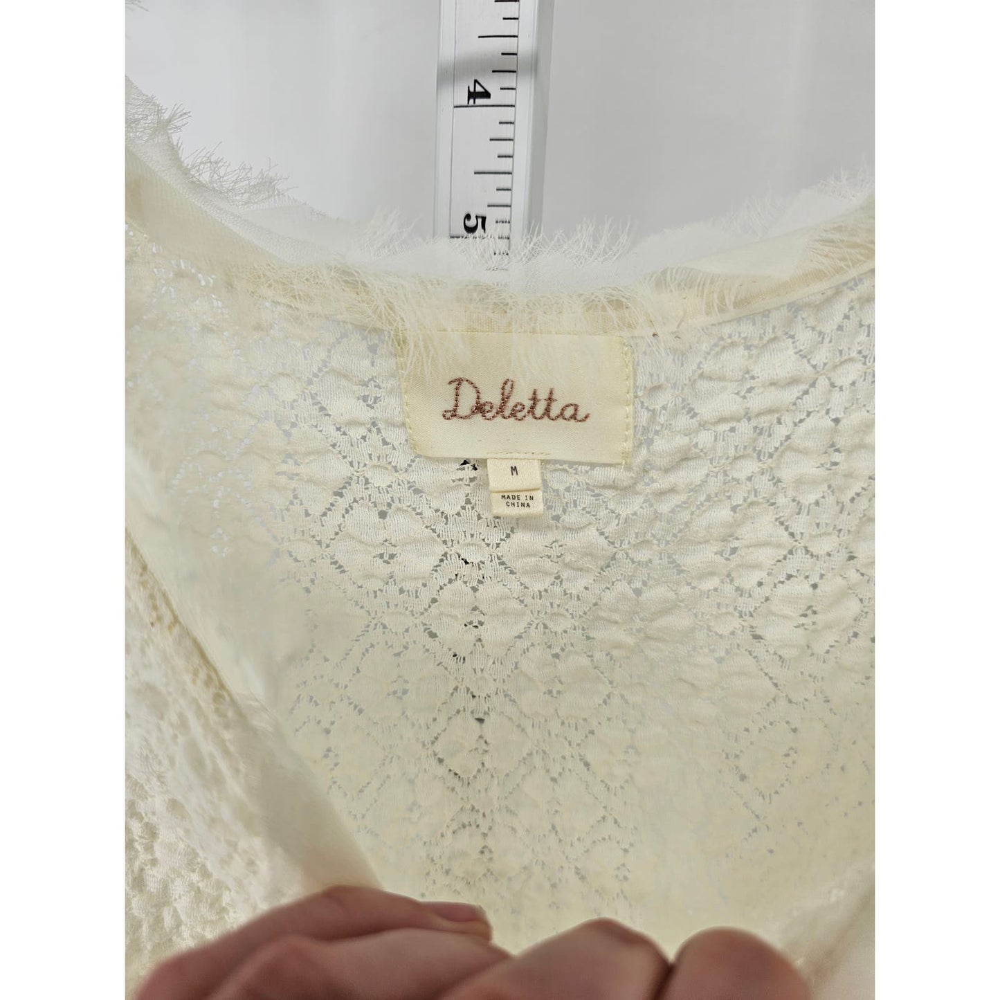 Anthropologie Deletta Womens Sz M Ivory Lace Long Sleeve Blouse Faux Fur Trim