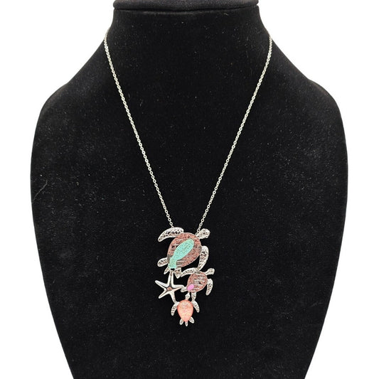 Vintage Y2K Womens Pendant Necklace Enamel Aquatic Turtle Starfish Ocean Animals