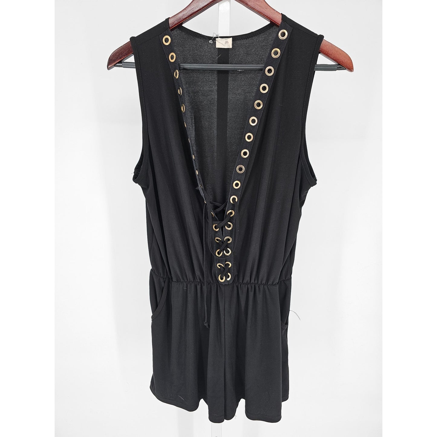 PINC Womens Sz L Swimsuit Cover Up Romper Black Gold Lace Up