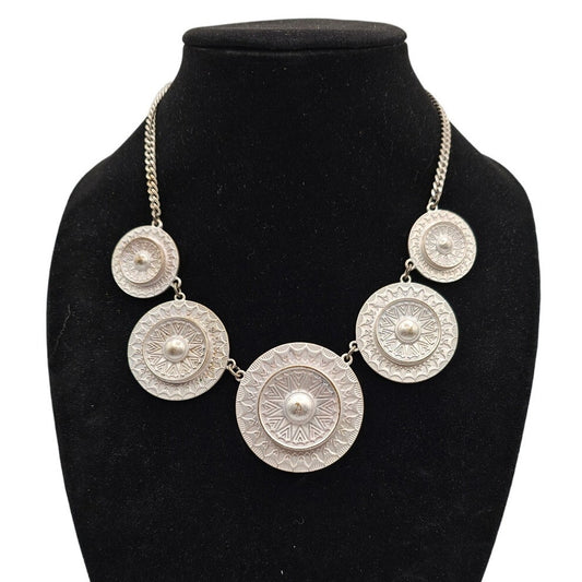 Vintage Light Silver Tone Metal Disc Style Statement Piece Necklace