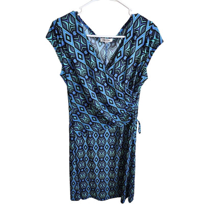 Jones Studio Womens Sz 10 Midi Dress Blue Purple Geometric Faux Wrap