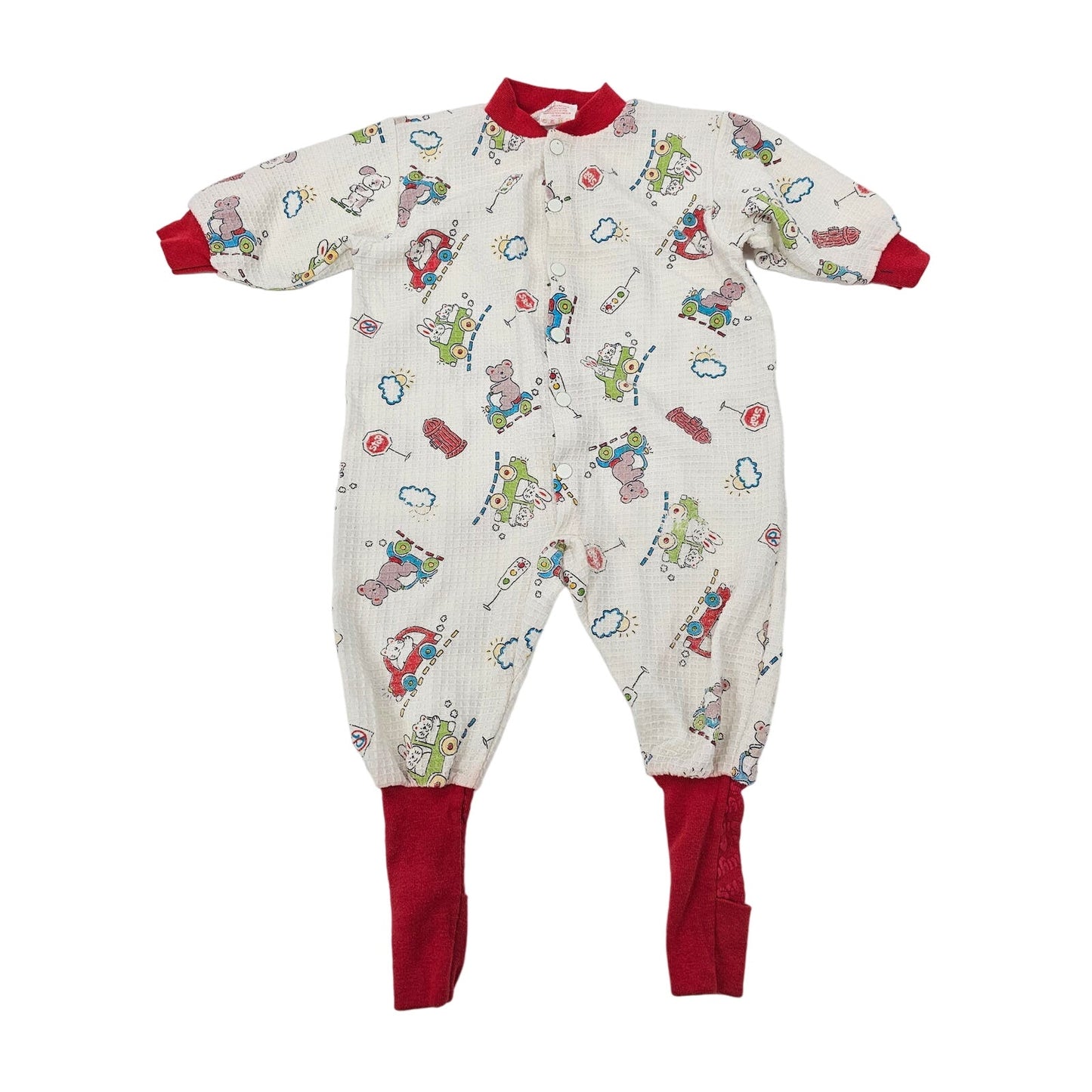 Vintage 1980s Baby Boys Sz 12M Waffle Knit One Piece Pajama Snugabye Cars