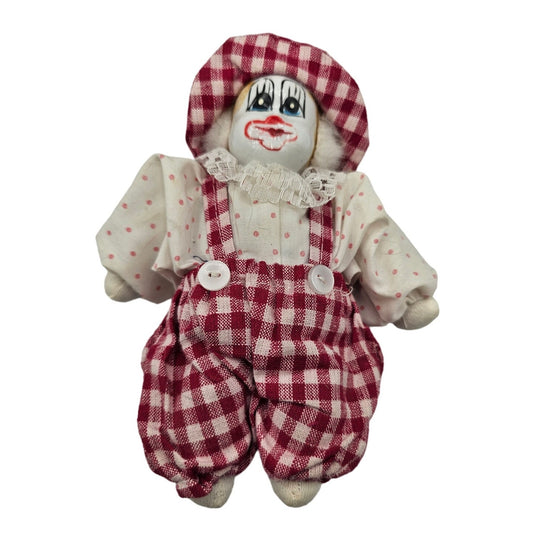 Vintage Kmachi Hand painted Clown Porcelain Doll Gingham Outfit Soft Body