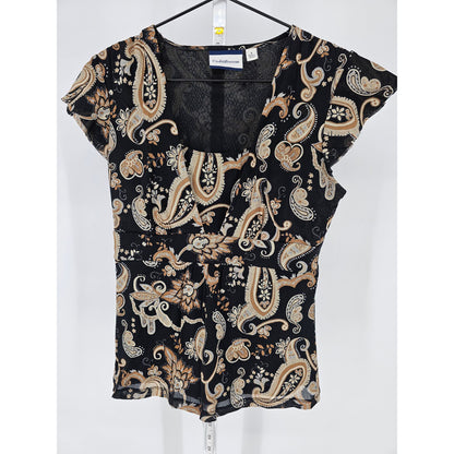 Croft & Barrow Womens Sz S Short Sleeve Blouse Black Gold Paisley Print