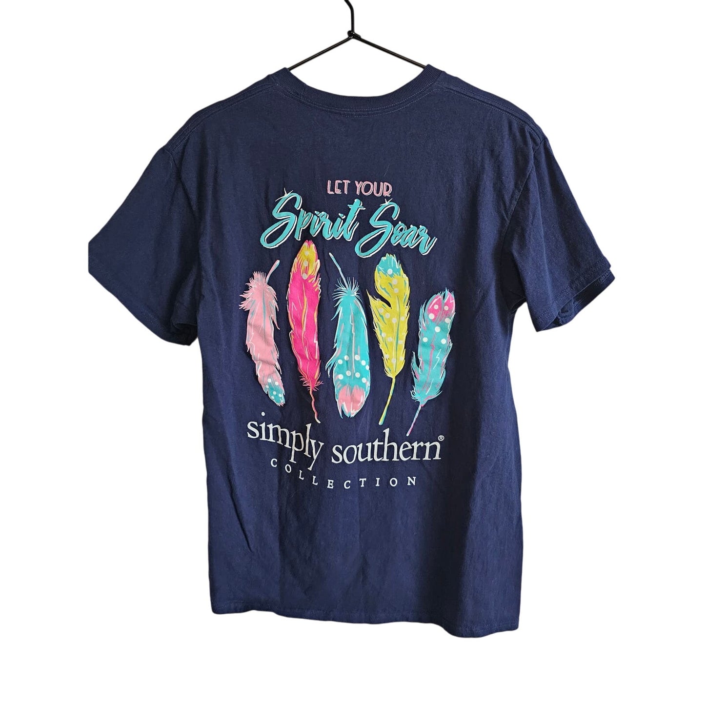 Simply Southern Womens Sz M Short Sleeve T Shirt Navy Blue Spirit Soar Feather