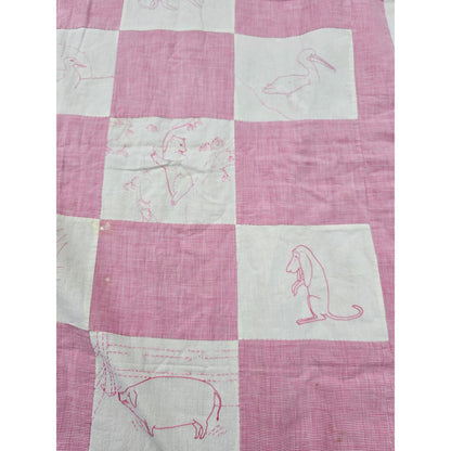 Vtg 1960s Handmade Baby Blanket Quilt Pink White Checkered Needlepoint Animals