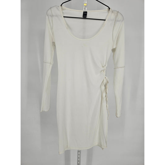 Shein Womens Sz S Long Sleeve Above Knee Dress White Ribbed Tie Side