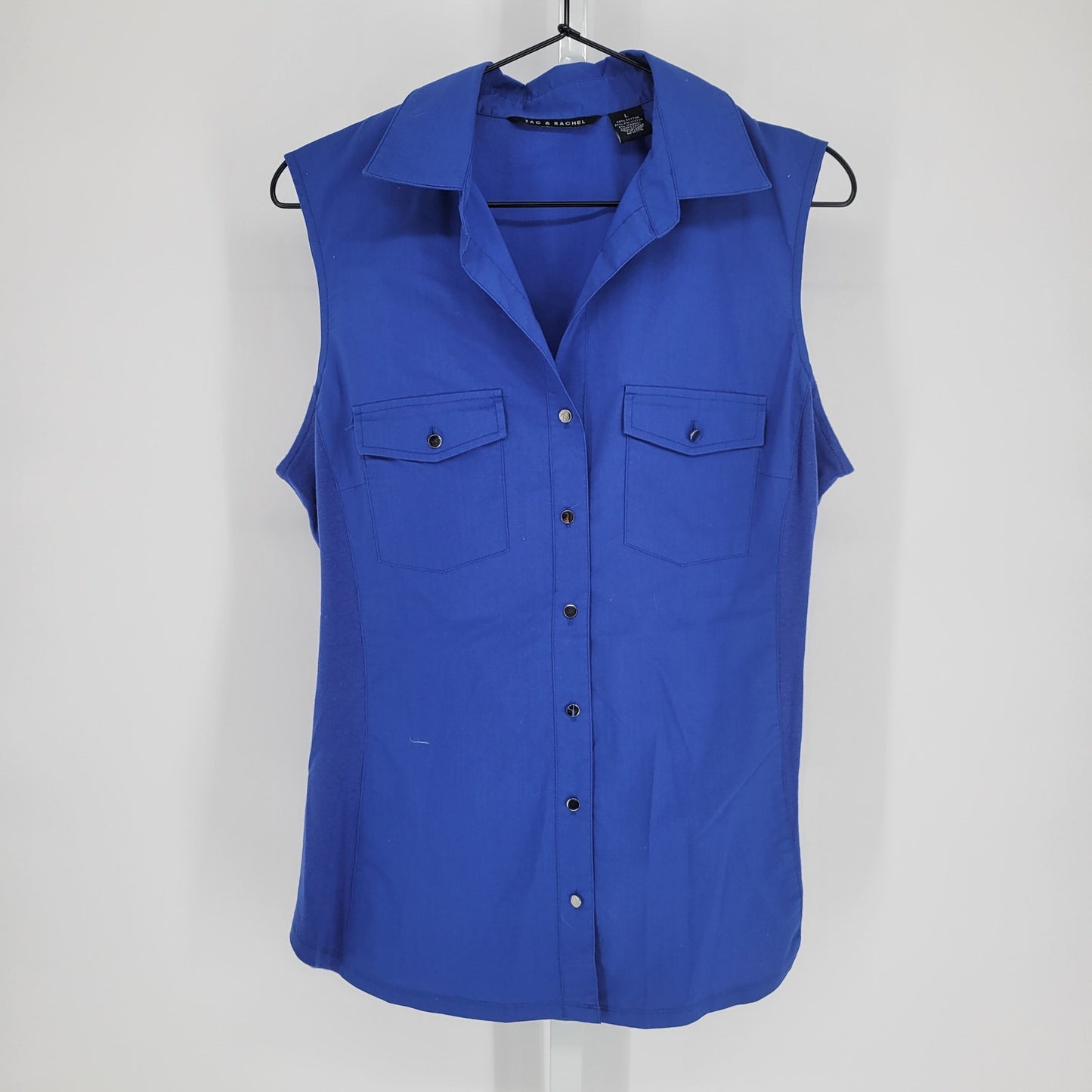 Zac & Rachel Womens Sz L Sleeveless Button Up Collared Top Solid Blue