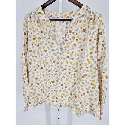 GAP Womens Sz XXL Long Sleeve V Neck Blouse Mustard Brown Floral