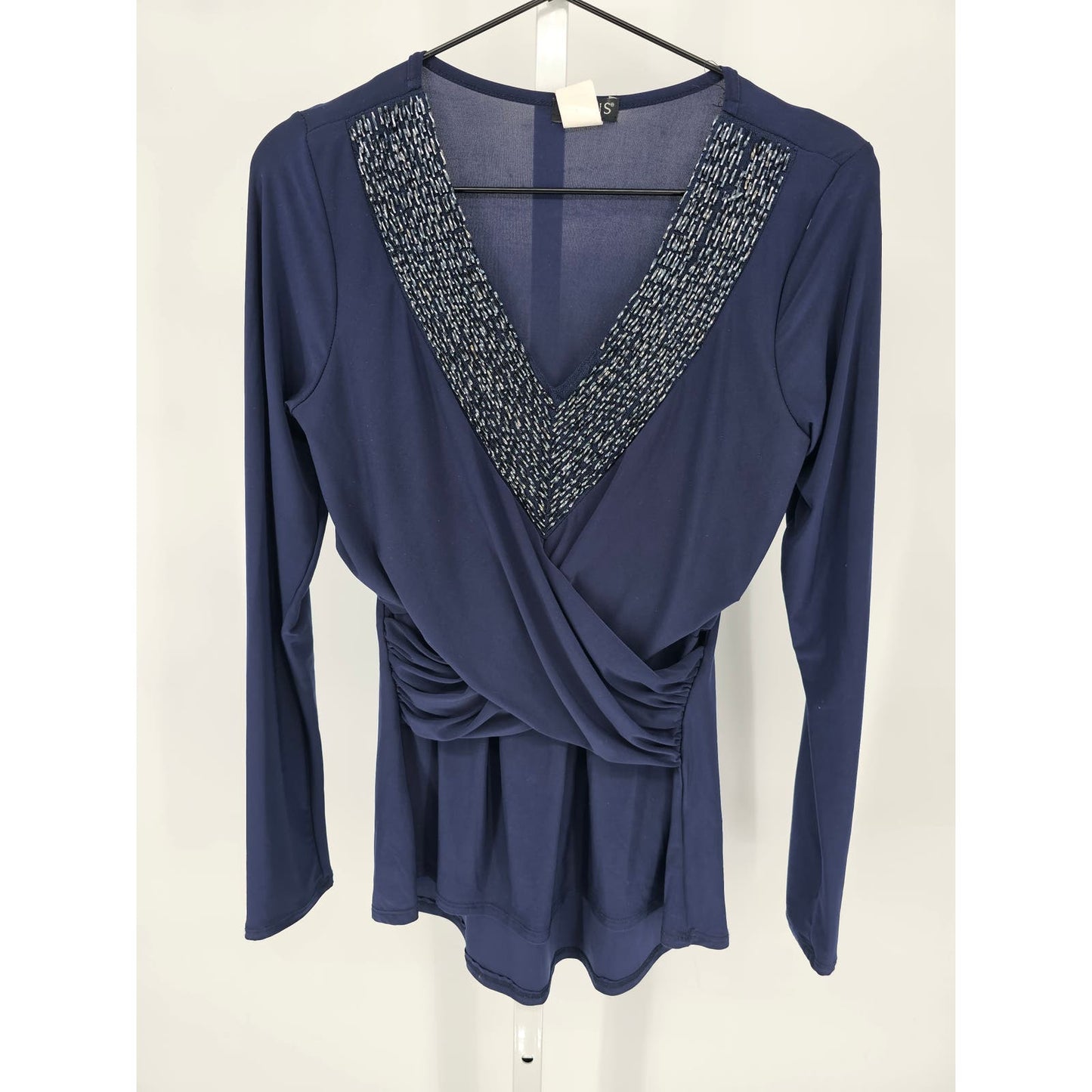 Venus Womens Sz S Long Sleeve Wrap Formal Blouse Beaded Neckline Dark Blue