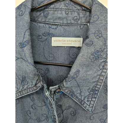 Valerie Stevens Casuals Womens Sz M Button Up Embroidered Tencel Blouse Blue