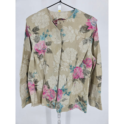 Vintage 1960s Womens Sz L Buton Blazer Kacet Beige Floral High Neckline