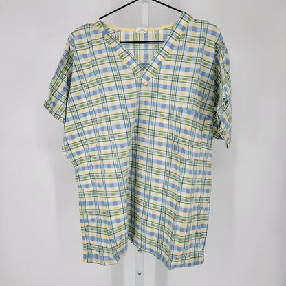 Vintage Tafford Womens Sz L Short Sleeve V Neck Scrub Top Blue Yellow Plaid